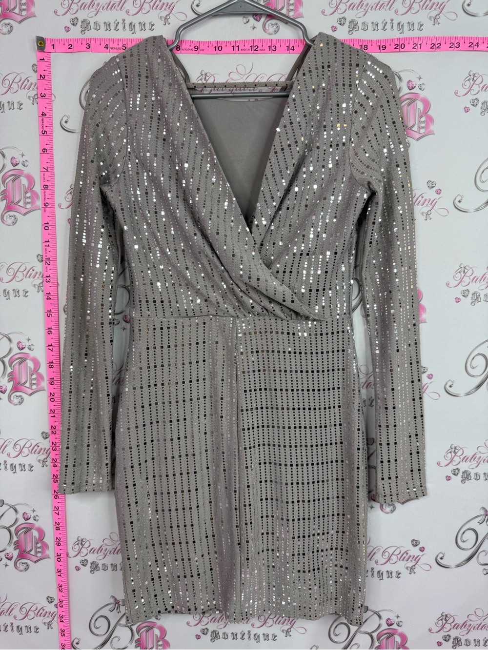 Crystal sky dress grey sparkly Sequin Wrap-Front Long Sleeve Mini Dress